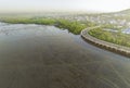 Aerial view of mudflat, mangrove forest, and sustainable city and green mangrove forest. Mangroves capture CO2 from the atmosphere