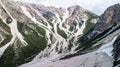 Aerial view of the mudflow with snow high in the Alpine mountains