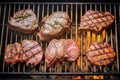 aerial view of multiple steaks cooking over a gas grill Royalty Free Stock Photo