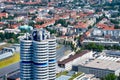 Aerial view of Munich with the BMW headquarters from the 291 m high Olympic tower Olympiaturm Royalty Free Stock Photo