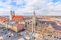 Aerial View of Munich old town Germany around Marienplatz, Neues Rathaus and Frauenkirche from St. Peter's church