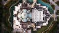 Aerial view on muslim mosque, geometric patterns, ancient architecture, lines.