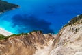 Aerial view at Myrtos Beach from bluff edge. Turquoise and blue Ionian Sea water. Greek islands. Top view, summer Royalty Free Stock Photo