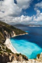 Aerial view at Myrtos Beach and fantastic turquoise and blue Ionian Sea water. Greek islands. Top view, summer scenery Royalty Free Stock Photo