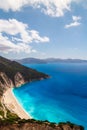 Aerial view at Myrtos Beach and fantastic turquoise and blue Ionian Sea water. Greek islands. Top view, summer scenery Royalty Free Stock Photo