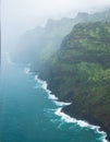 Aerial view of Na Pali coast with mist, Kauai Hawaii