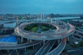 Aerial view of Nanpu Bridge at dusk, landscape of the modern Shanghai city skyline. Beautiful night view of the busy bridge across Royalty Free Stock Photo