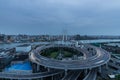 Aerial view of Nanpu Bridge at dusk, landscape of the modern Shanghai city skyline. Beautiful night view of the busy bridge across Royalty Free Stock Photo