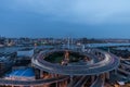 Aerial view of Nanpu Bridge at dusk, landscape of the modern Shanghai city skyline. Beautiful night view of the busy bridge across Royalty Free Stock Photo