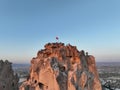 Aerial view of natural rock formations in the sunset, valley with cave houses in Cappadocia, Turkey. Natural landscape Royalty Free Stock Photo