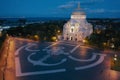 Aerial view of the Naval Cathedral of Nicholas the Wonderworker in Kronstadt at night. Kotlin Island. Detail of the southern