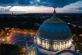 Aerial view of the Naval Cathedral of Nicholas the Wonderworker in Kronstadt at night. Kotlin Island. Detail of the southern