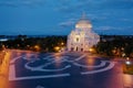 Aerial view of the Naval Cathedral of Nicholas the Wonderworker in Kronstadt at night. Kotlin Island. Detail of the southern