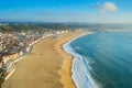 Aerial view of Nazare beach and city sunset. Portugal