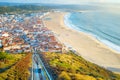 Aerial view of Nazare from Miradouro do Suberco with funicular. Portugal