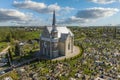 aerial view on neo gothic temple or catholic church in countryside