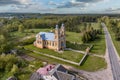 aerial view on neo gothic temple or catholic church in countryside
