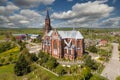 aerial view on neo gothic temple or catholic church in countryside