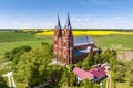 aerial view on neo gothic temple or catholic church in countryside