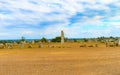 Aerial view of the Neolithic Xerez Stone Circle in the countryside against a blue sky Royalty Free Stock Photo