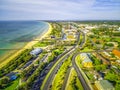 Aerial view of Nepean Highway passing through Frankston suburb on Mornington Peninsula, Melbourne, Australia.