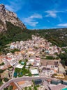 Aerial view Nerano village, Infrastructure of a small town in the south of Italy, old houses, tight construction, Vertical photo,