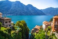 Aerial view of Nesso, a picturesque and colourful village sitting on the banks of Lake Como, Italy