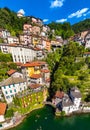 Aerial view of Nesso, a picturesque and colourful village sitting on the banks of Lake Como, Italy