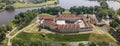 Aerial view of Nesvizh Castle, Belarus. Medieval castle and palace. Restored medieval fortress. Heritage concepts.