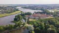 Aerial view of Nesvizh Castle, Belarus. Medieval castle and palace. Restored medieval fortress. Heritage concepts.