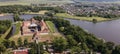 Aerial view of Nesvizh Castle and river, Belarus. Medieval castle and palace. Restored medieval fortress.