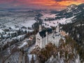 Aerial view of the Neuschwanstein Castle or Schloss Neuschwanstein on a winter day Royalty Free Stock Photo