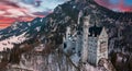 Aerial view of the Neuschwanstein Castle or Schloss Neuschwanstein on a winter day Royalty Free Stock Photo