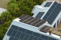 Aerial view of new american home roof with blue solar photovoltaic panels for producing clean ecological electric energy Royalty Free Stock Photo