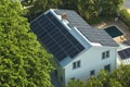 Aerial view of new american home roof with blue solar photovoltaic panels for producing clean ecological electric energy Royalty Free Stock Photo