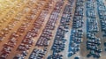 Aerial view of big parking lot of new cars. Automobile factory Royalty Free Stock Photo