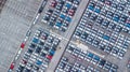 Aerial view new cars lined up in the port for import and export, Top view of new cars lined up outside an automobile factory for Royalty Free Stock Photo