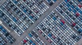 Aerial view new cars lined up in the port for import and export, Top view of new cars lined up outside an automobile factory for Royalty Free Stock Photo