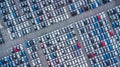 Aerial view new cars lined up in the port for import and export, Top view of new cars lined up outside an automobile factory for Royalty Free Stock Photo