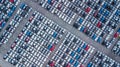 Aerial view new cars lined up in the port for import and export, Top view of new cars lined up outside an automobile factory for Royalty Free Stock Photo