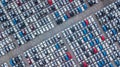 Aerial view new cars lined up in the port for import and export, Top view of new cars lined up outside an automobile factory for Royalty Free Stock Photo