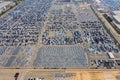 Aerial view of new cars at parking port in automobile factory. Royalty Free Stock Photo