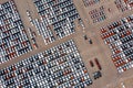 Aerial view of new cars at parking port in automobile factory. Royalty Free Stock Photo