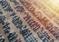 Aerial view new cars parking for sale stock lot row, New cars dealer inventory import export business commercial global Royalty Free Stock Photo