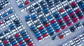 Aerial view new cars for sale stock lot row, New  Cars dealer inventory import export business logistic global Royalty Free Stock Photo