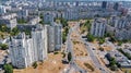 Aerial view of new modern residential Obolon district in Kiev city from above, Kyiv, Ukraine