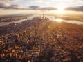 Aerial view of new york city basked in golden sunset light, with a soft-focus effect Royalty Free Stock Photo