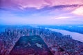 Aerial view of New York city and central park. Dark photo in the evening. Royalty Free Stock Photo