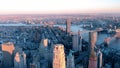 Aerial view of New York City Manhattan and Brooklyn Bridges at sunset. Slow motion Royalty Free Stock Photo