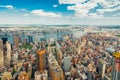 New York City Skyline Aerial View with Beautiful Cloudy Blue Sky in Background Royalty Free Stock Photo